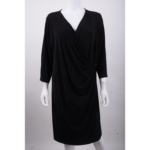 Calvin Klein Womens Black Wrap V Neck Stretch Dress Plus Sz 1X Stretch NWT - Picture 1 of 6